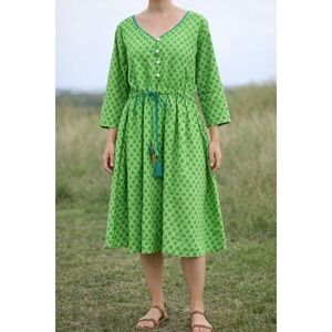 Green Block‎ Print Cotton Dress Cinched Waist Earthy Size Large Boho Folk
